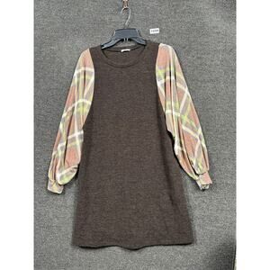 EGY Dress Womens Medium Brown Plaid Sleeve Knit Tunic Long Sleeve Boho Casual